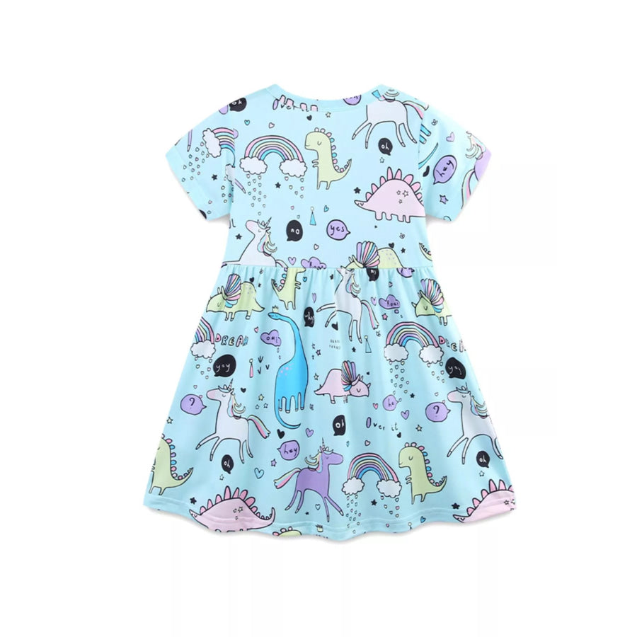 Children’s Cute Cartoon Dinosaur & Unicorn Print Casual Dress Apparel and Accessories