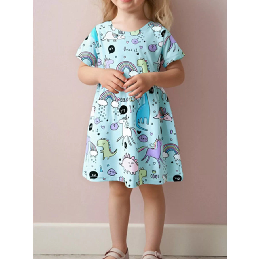 Children’s Cute Cartoon Dinosaur & Unicorn Print Casual Dress Pastel Blue / 3Y Apparel and Accessories