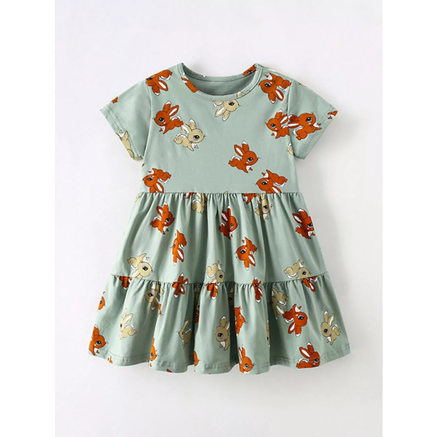 Children’s Cute Cartoon Print Tiered Dress Sage / 6Y Apparel and Accessories