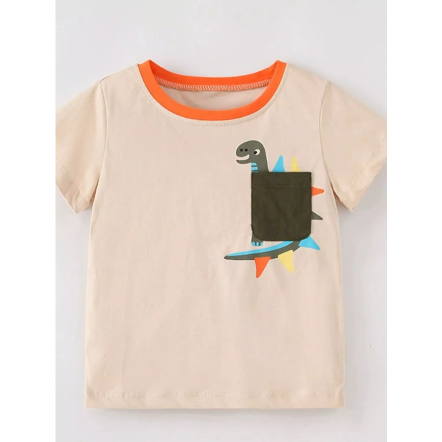 Children’s Cute Dinosaur Pocket Short Sleeve T-Shirt Eggshell / 6Y Apparel and Accessories