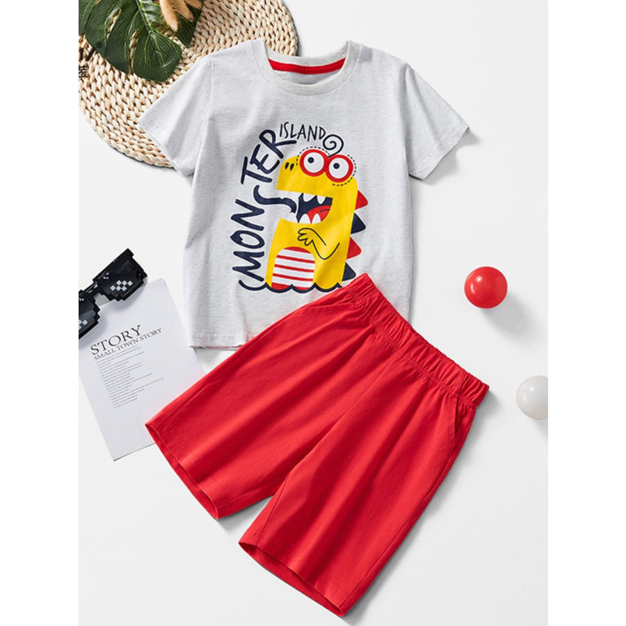 Children’s Cute Monster Print Tee & Shorts Set Light Gray / 3Y Apparel and Accessories