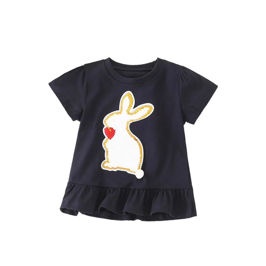Children’s Cute Rabbit Applique Ruffle Hem T-Shirt Black / 3Y Apparel and Accessories