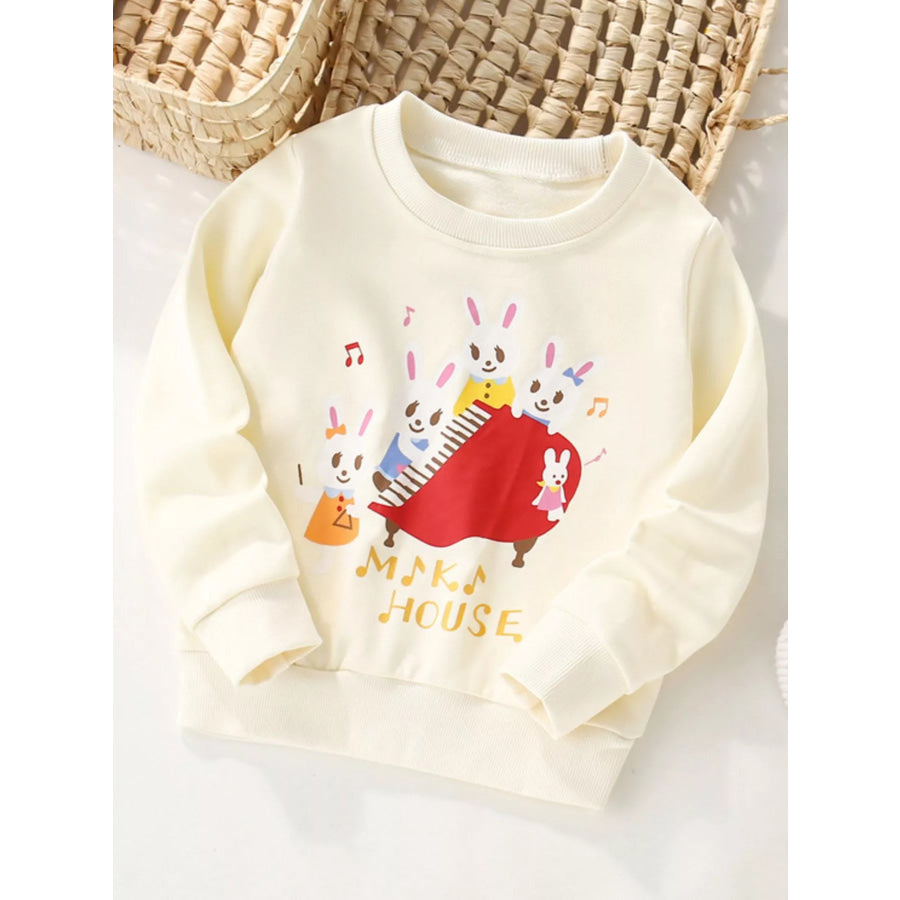 Children’s Cute Rabbit Piano Crew Neck Sweatshirt Ivory / 3Y Apparel and Accessories