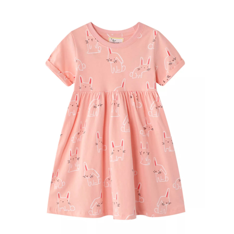 Children’s Cute Rabbit Print Round Neck Dress Dusty Pink / 2T Apparel and Accessories