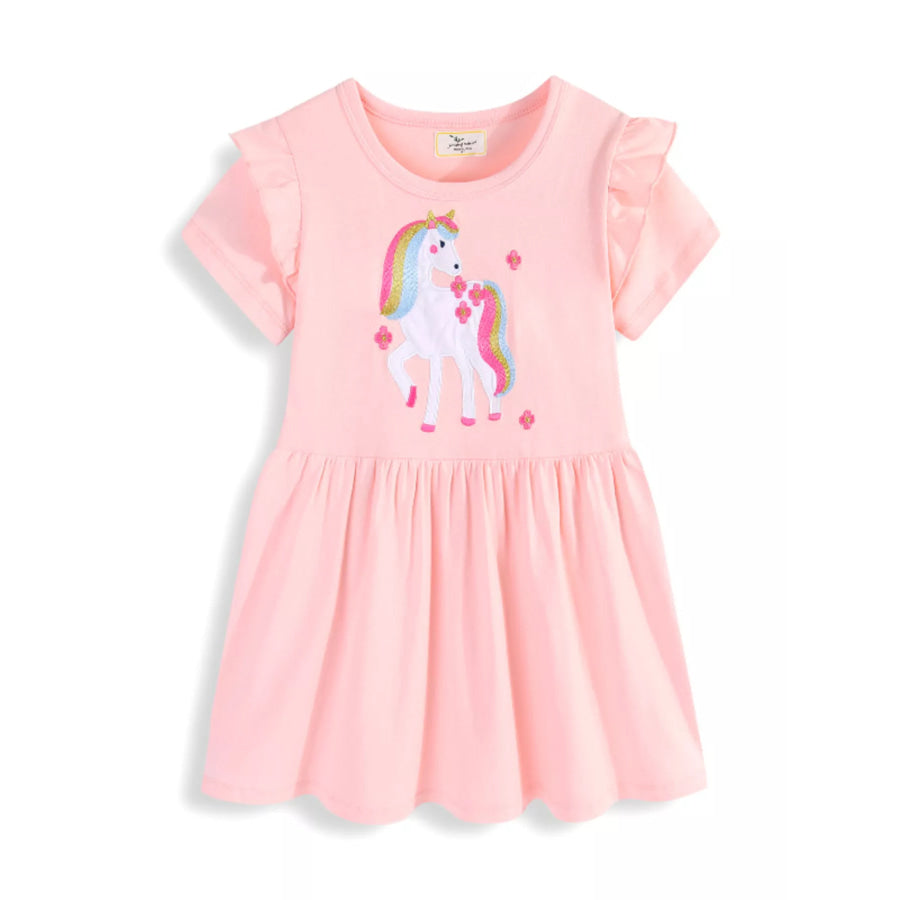 Children’s Cute Unicorn Applique Ruffle Sleeve Dress Apparel and Accessories