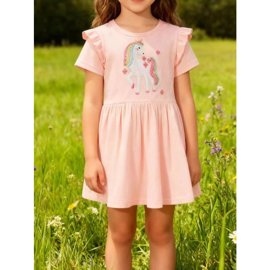 Children’s Cute Unicorn Applique Ruffle Sleeve Dress Watermelon pink / 2T Apparel and Accessories