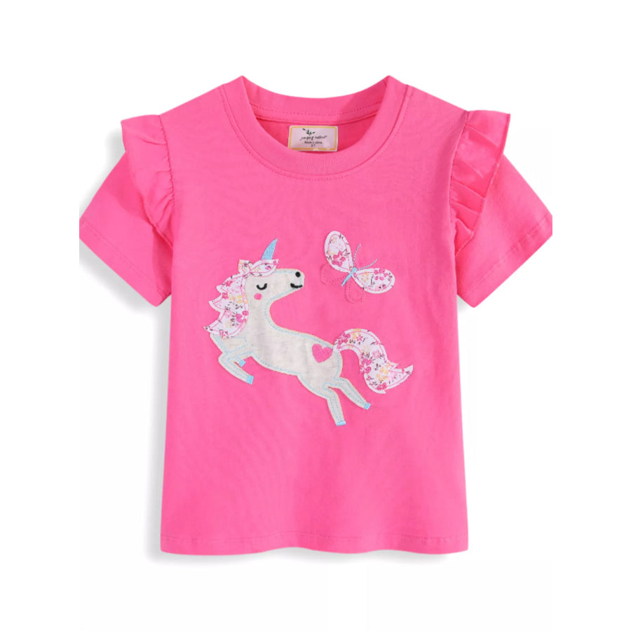 Children’s Cute Unicorn Applique Ruffle Sleeve T-Shirt Fuchsia Pink / 2T Apparel and Accessories