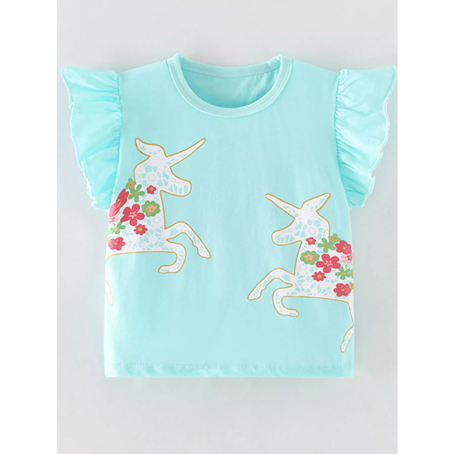 Children’s Cute Unicorn Floral Print Ruffle Sleeve T-Shirt Aqua / 3Y Apparel and Accessories