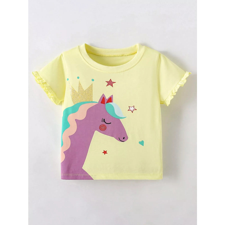 Children’s Cute Unicorn Graphic Ruffle Sleeve T-Shirt Light Yellow / 5Y Apparel and Accessories