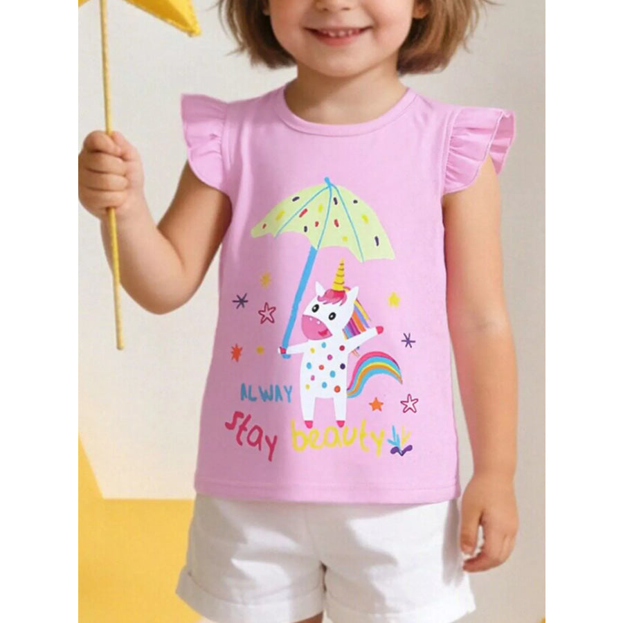 Children’s Cute Unicorn Graphic Ruffle Sleeve T-Shirt Pink / 2Y Apparel and Accessories