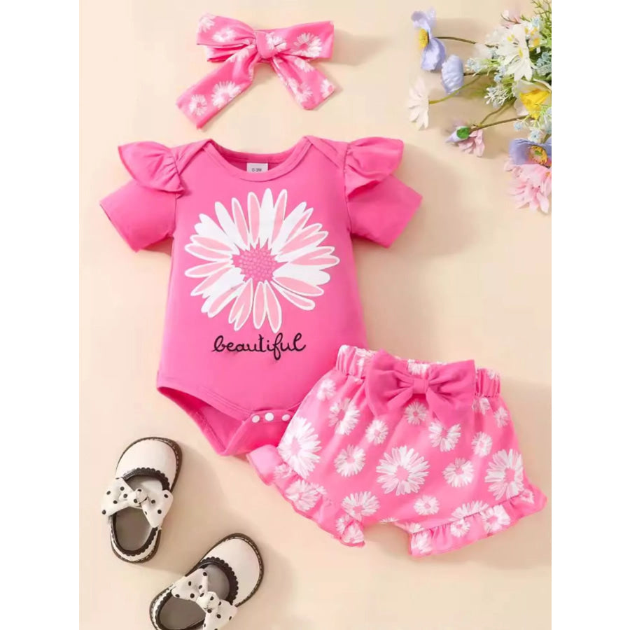 Children’s Daisy Bodysuit and Shorts Set with Headband Fuchsia Pink / 0-3M Apparel and Accessories