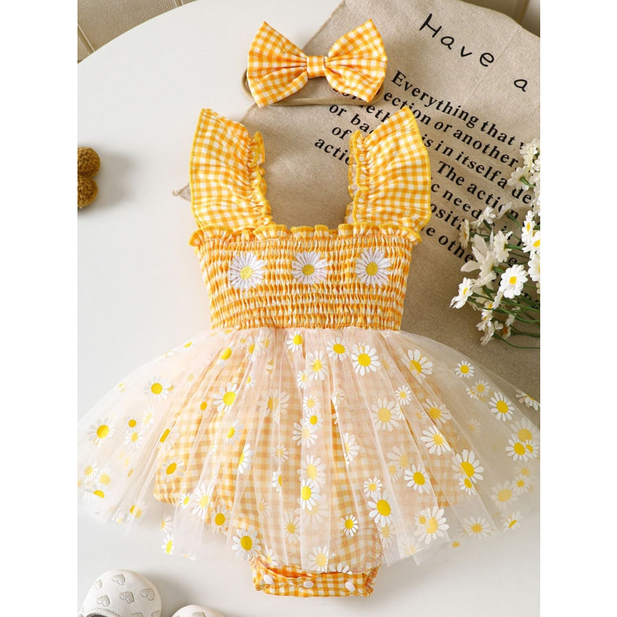Children’s Daisy Gingham Ruffle One-Piece with Headband Gold / 0-3M Apparel and Accessories