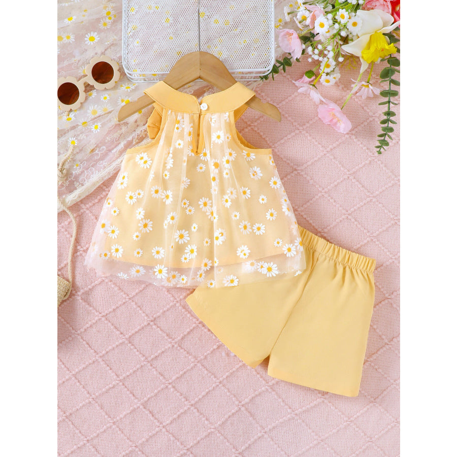 Children’s Daisy Print Bow Decor Tank Top & Shorts Set Apparel and Accessories