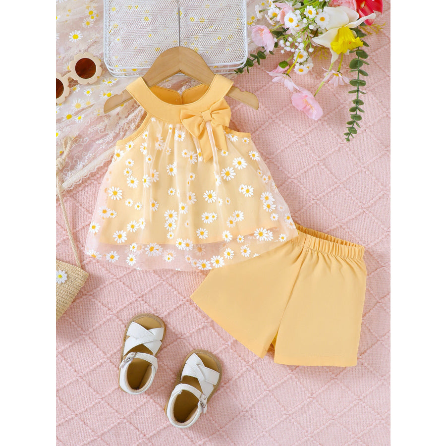 Children’s Daisy Print Bow Decor Tank Top & Shorts Set Yellow / 6-9M Apparel and Accessories