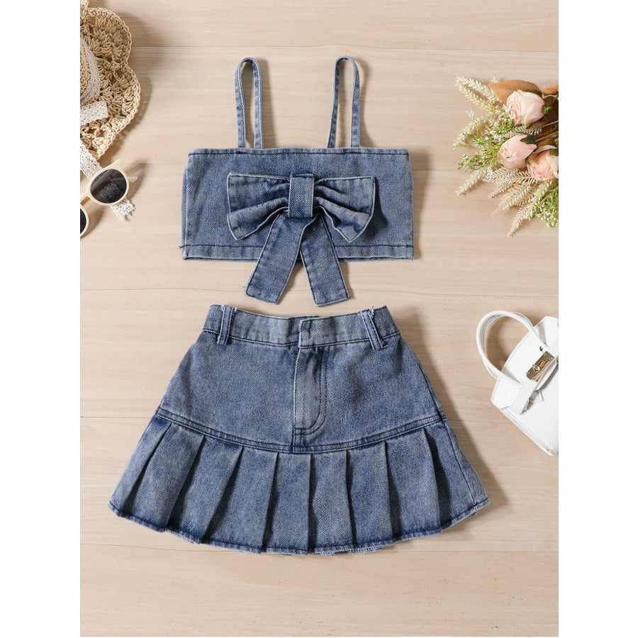 Children’s Denim Bowknot Crop Top and Pleated Skirt Set Apparel and Accessories