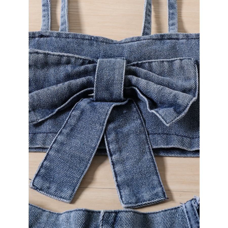 Children’s Denim Bowknot Crop Top and Pleated Skirt Set Apparel and Accessories