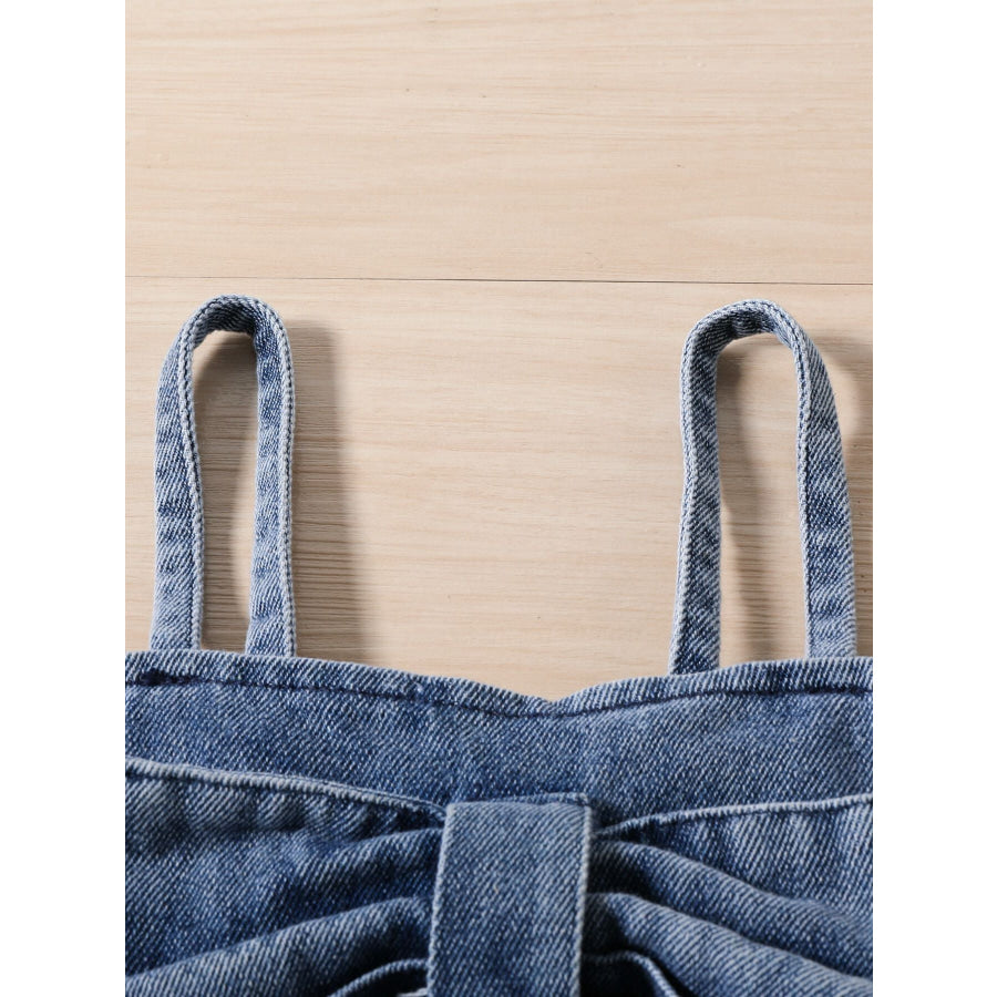 Children’s Denim Bowknot Crop Top and Pleated Skirt Set Apparel and Accessories