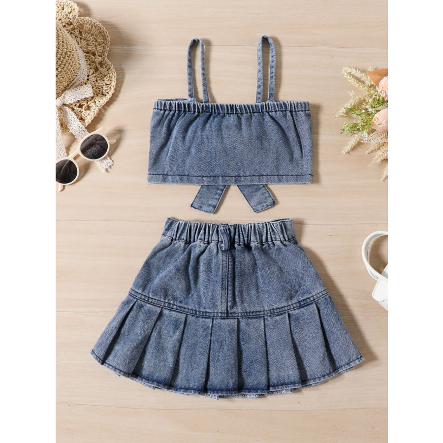 Children’s Denim Bowknot Crop Top and Pleated Skirt Set Dark Blue / 12-18M Apparel and Accessories