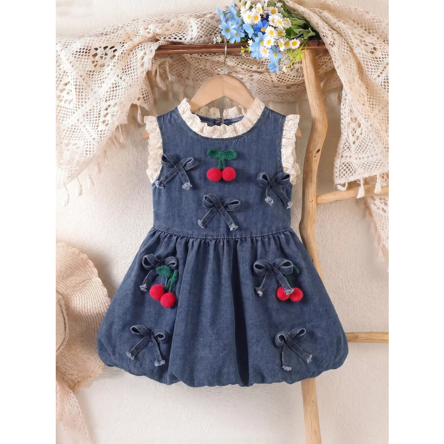 Children’s Denim Cherry Applique Dress with Lace Trim Navy / 3-6M Apparel and Accessories
