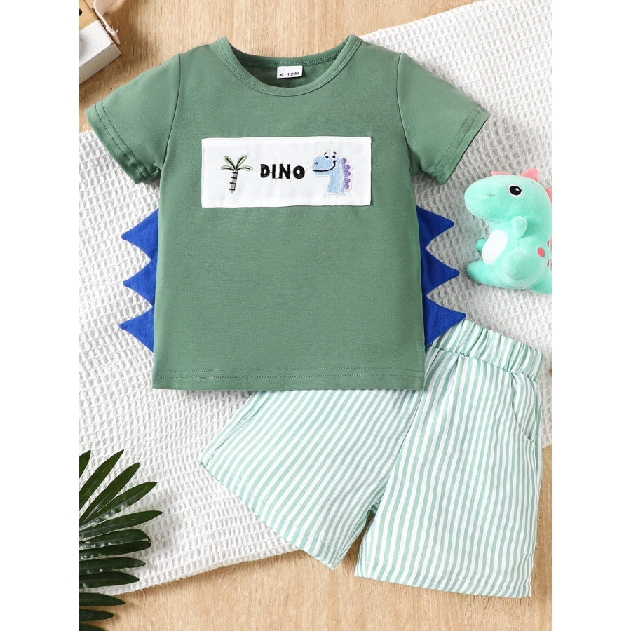 Children’s Dino Embroidered Tee & Striped Shorts Set Matcha Green / 6-12M Apparel and Accessories