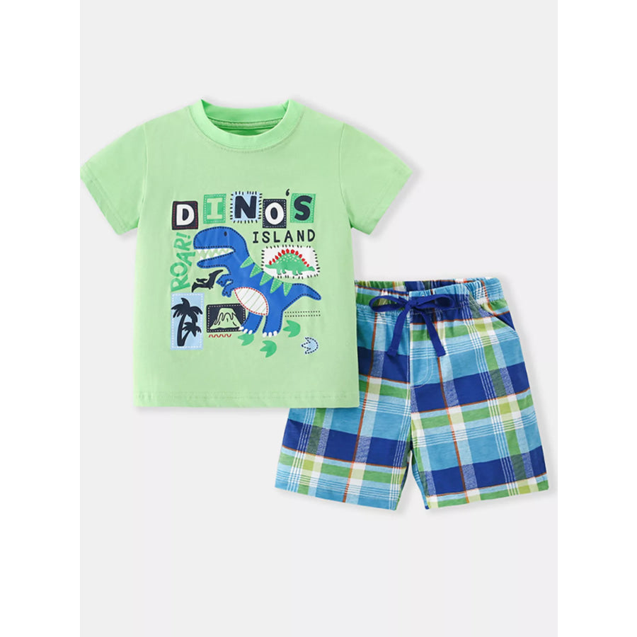 Children’s Dino Island Graphic T-shirt and Plaid Shorts Set Light Green / 3Y Apparel and Accessories