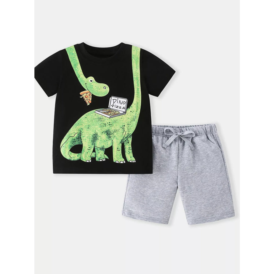 Children’s Dino Pizza Graphic Tee & Shorts Set Black / 3Y Apparel and Accessories