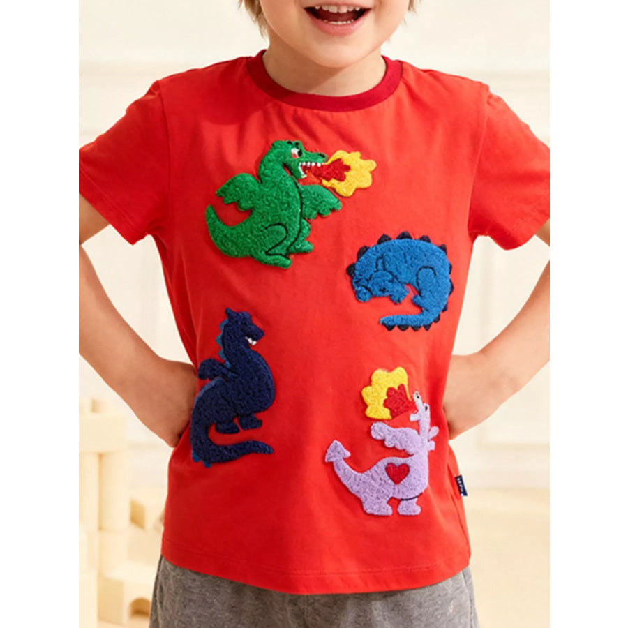 Children’s Dinosaur Applique Short Sleeve T-Shirt Red / 2T Apparel and Accessories