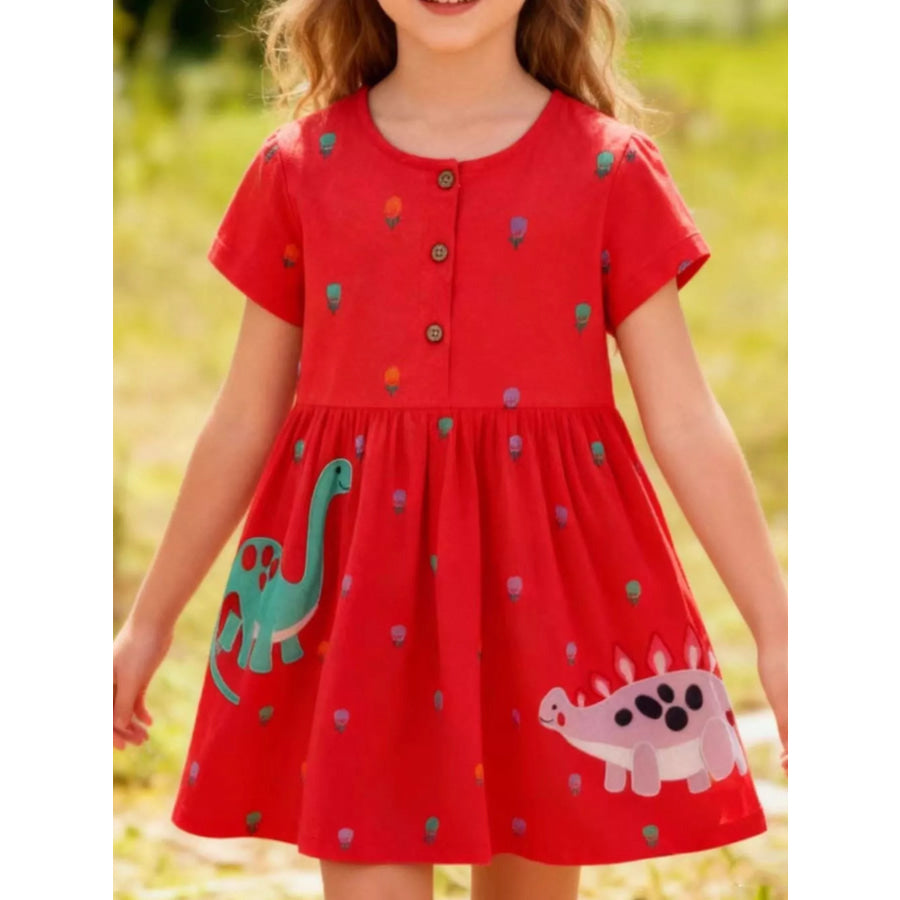 Children’s Dinosaur Button-Front Dress Red / 2T Apparel and Accessories
