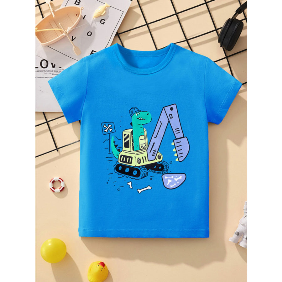 Children’s Dinosaur Excavator Graphic Crew Neck Short Sleeve T-Shirt Sky Blue / 3Y Apparel and Accessories