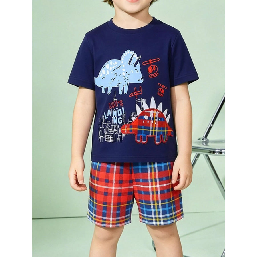 Children’s Dinosaur Graphic Tee and Plaid Shorts Set Dark Navy / 2Y Apparel and Accessories