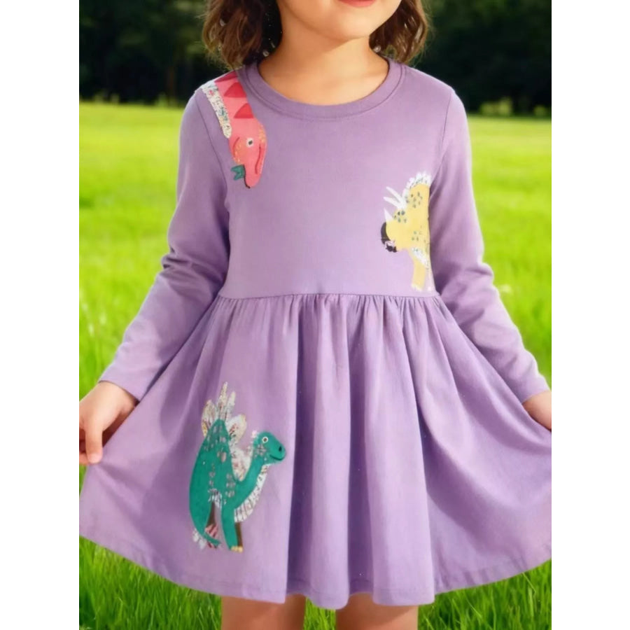Children’s Dinosaur Long Sleeve Dress Lavender / 2T Apparel and Accessories