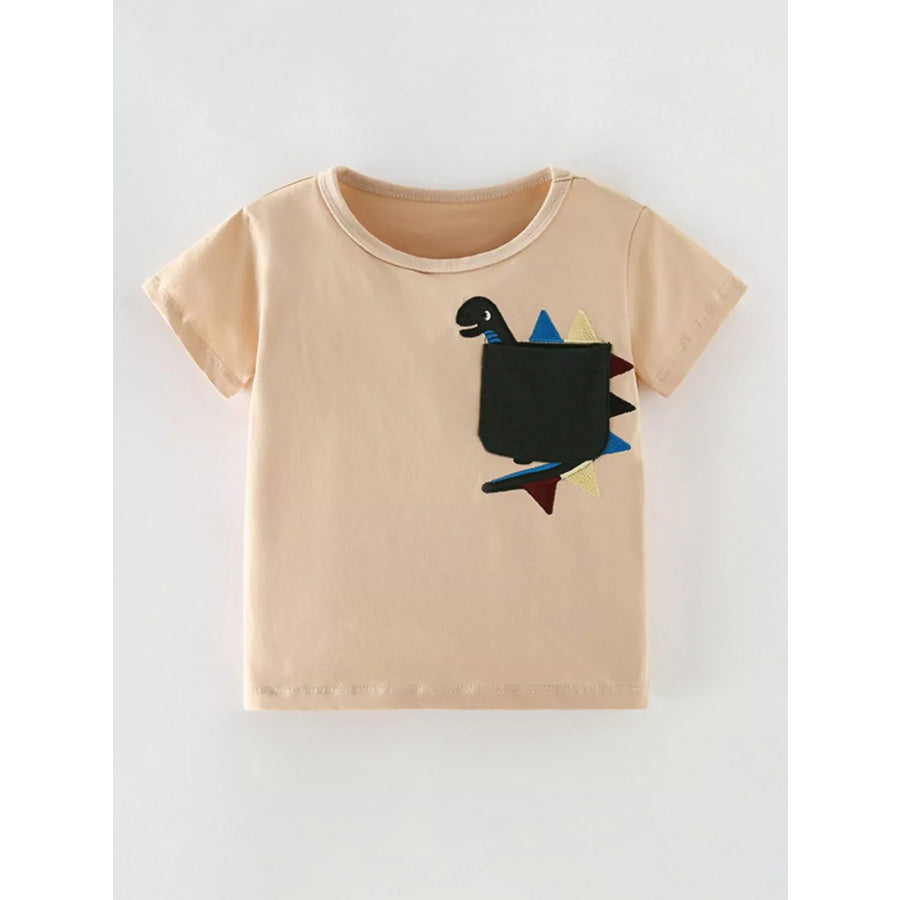 Children’s Dinosaur Pocket Round Neck T-Shirt Tan / 3Y Apparel and Accessories