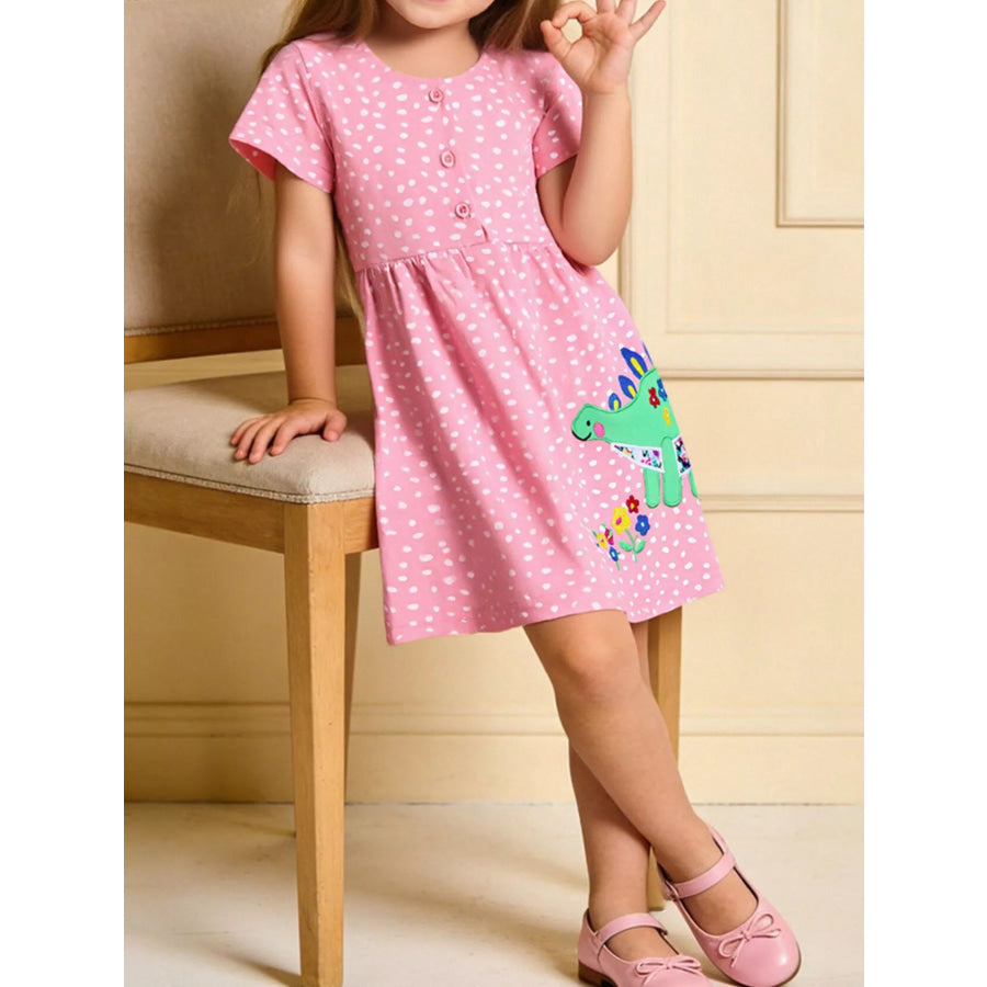 Children’s Dinosaur Polka Dot Short Sleeve Dress Blush Pink / 2Y Apparel and Accessories