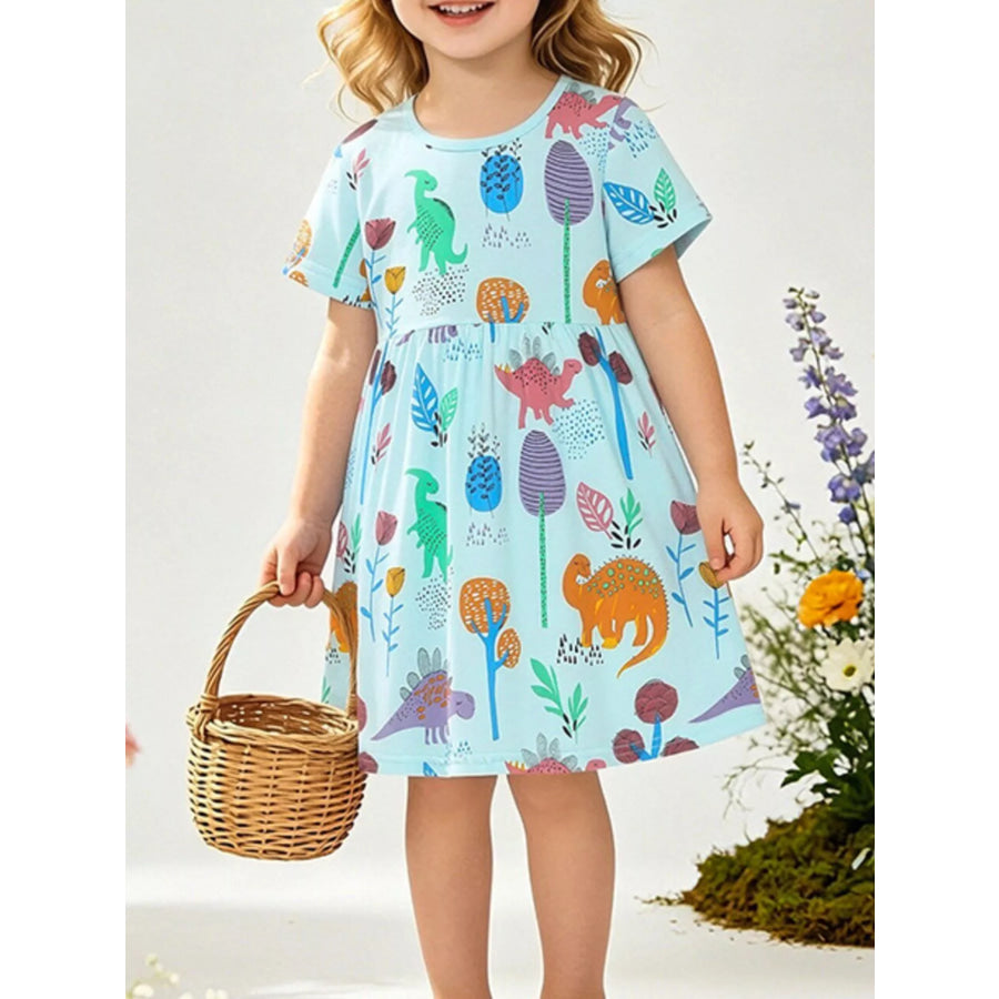 Children’s Dinosaur Print A-Line Dress Aqua / 2Y Apparel and Accessories