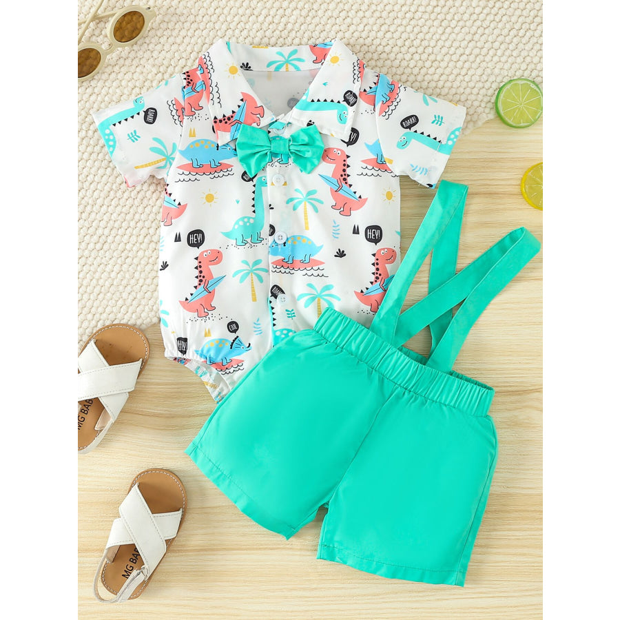 Children’s Dinosaur Print Bodysuit & Suspender Shorts Set White / 0-3M Apparel and Accessories