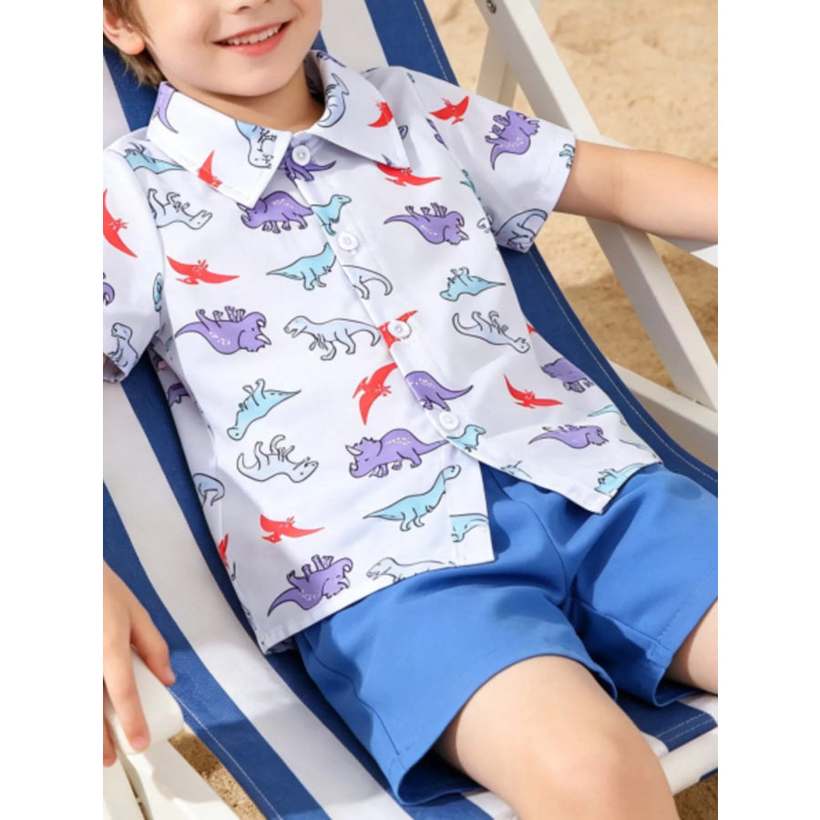 Children’s Dinosaur Print Button-Up Shirt & Shorts Set Royal Blue / 6-12M Apparel and Accessories