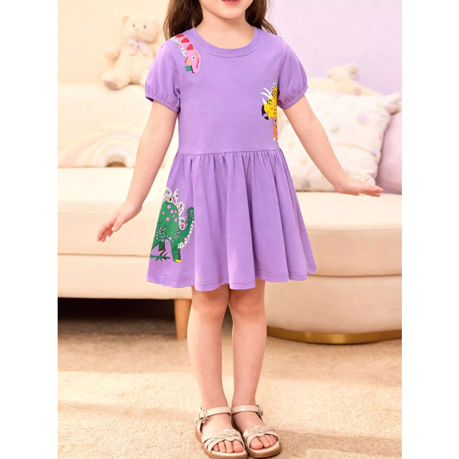 Children’s Dinosaur Print Casual Dress Lavender / 2Y Apparel and Accessories
