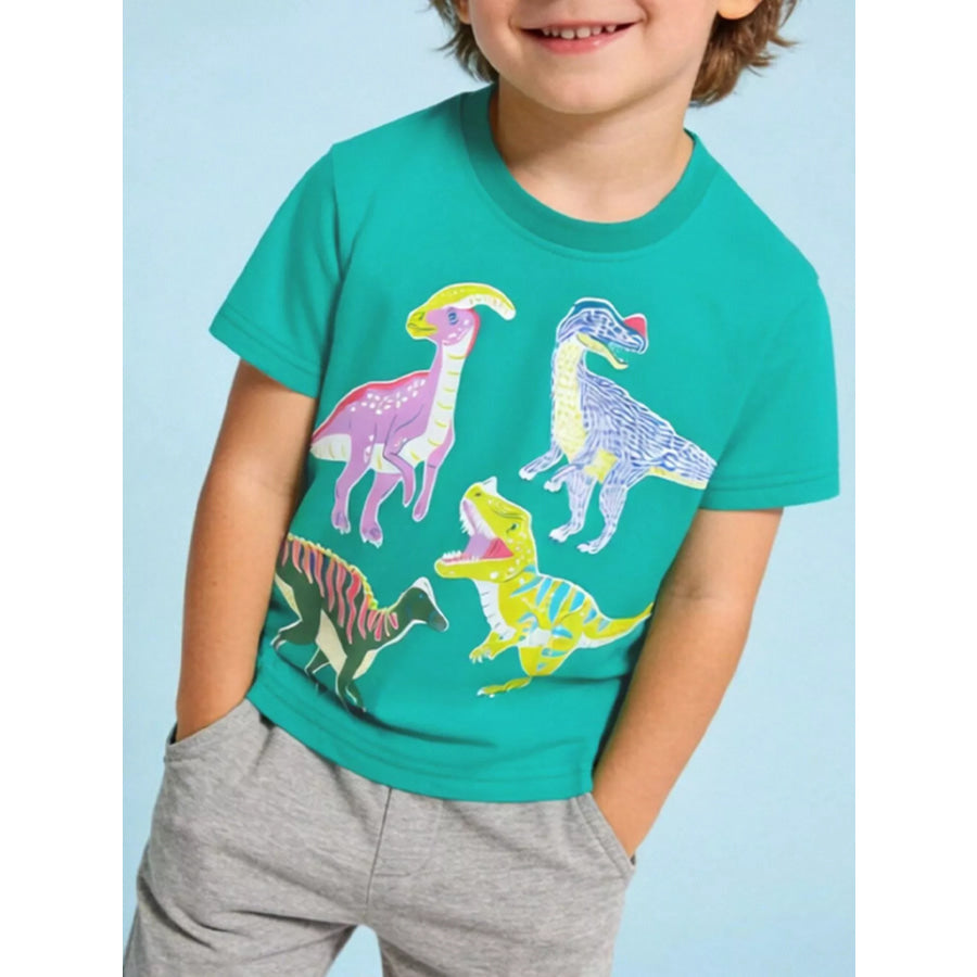 Children’s Dinosaur Print Crew Neck Short Sleeve T-Shirt Turquoise / 2Y Apparel and Accessories