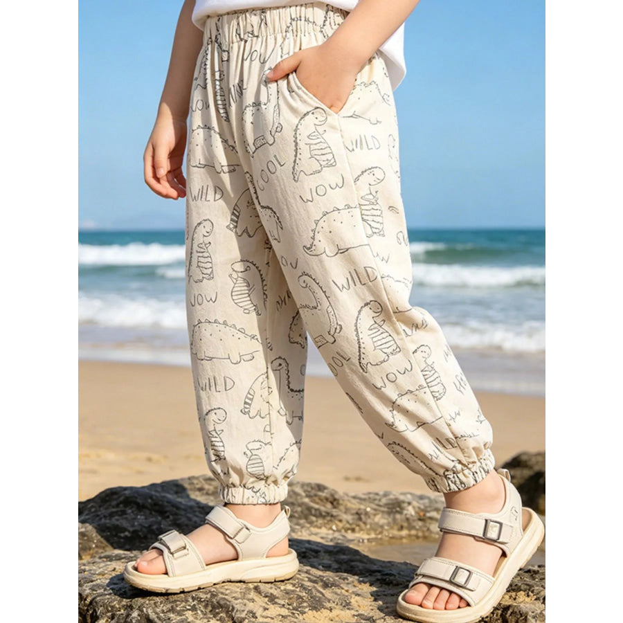 Children’s Dinosaur Print Elastic Waist Pants Cream / 3T Apparel and Accessories