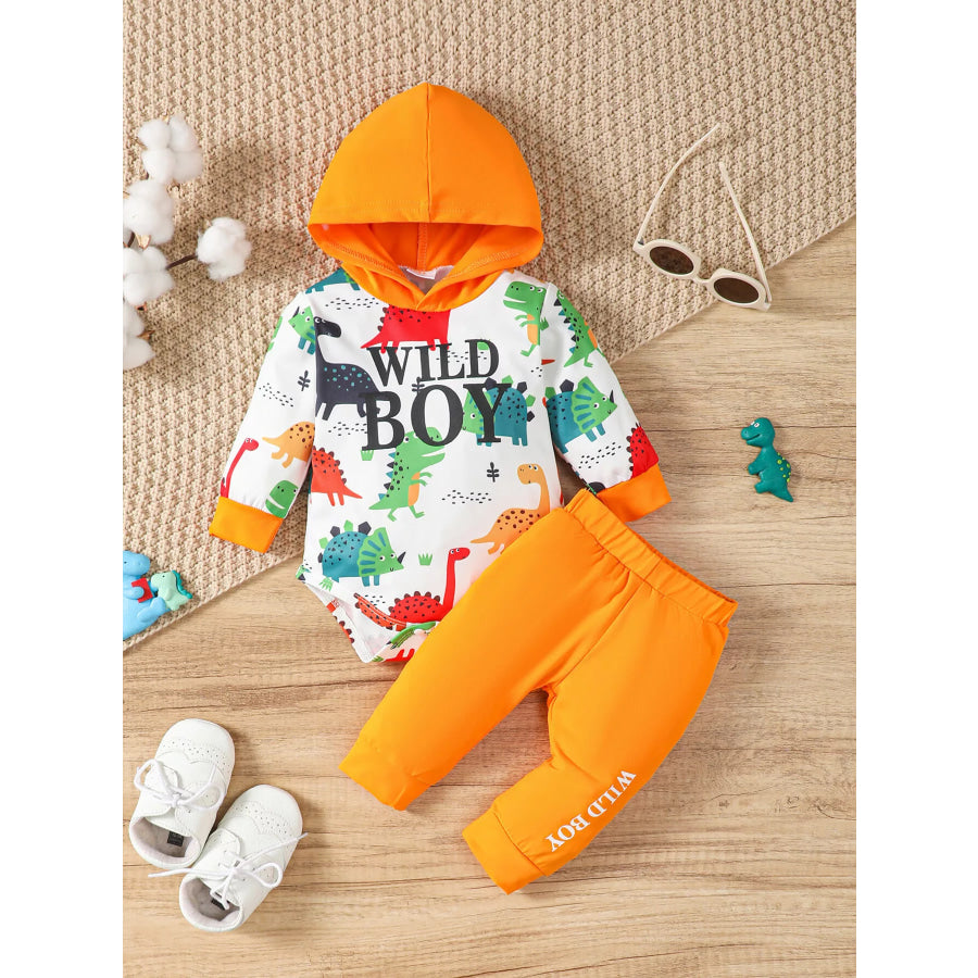 Children’s Dinosaur Print Hooded Long Sleeve Bodysuit and Pants Set Orange / 0-3M Apparel Accessories