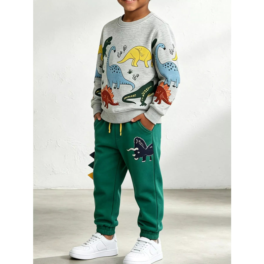 Children’s Dinosaur Print Long Sleeve Sweatshirt and Joggers Set Light Gray / 2Y Apparel Accessories