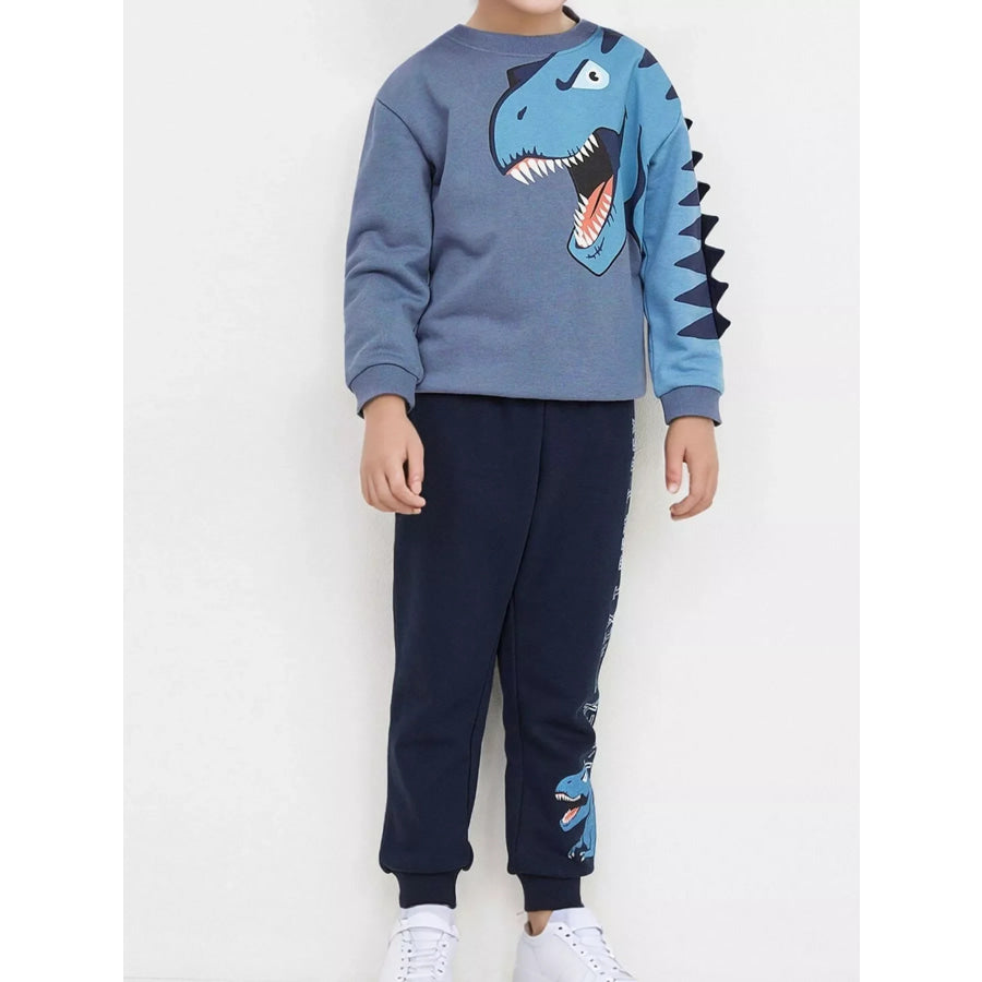 Children’s Dinosaur Print Long Sleeve Sweatshirt & Pants Set Dusty Blue / 3Y Apparel and Accessories
