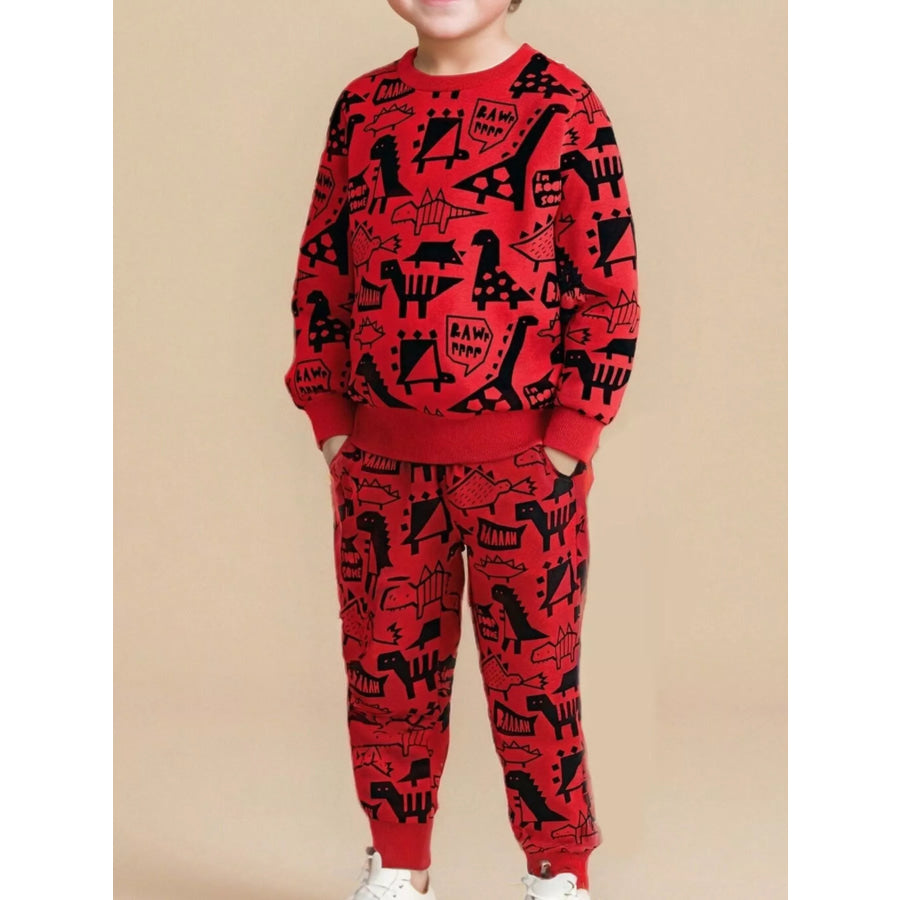 Children’s Dinosaur Print Long Sleeve Sweatshirt & Pants Set Red / 3Y Apparel and Accessories