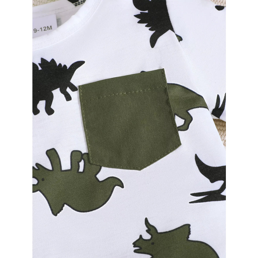 Children’s Dinosaur Print Pocket Tee & Shorts Set Army Green / 6-9M Apparel and Accessories