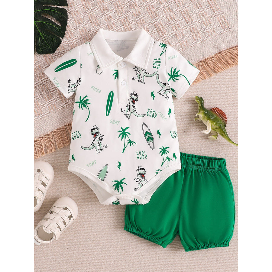 Children’s Dinosaur Print Polo Bodysuit & Shorts Set White / 0-3M Apparel and Accessories