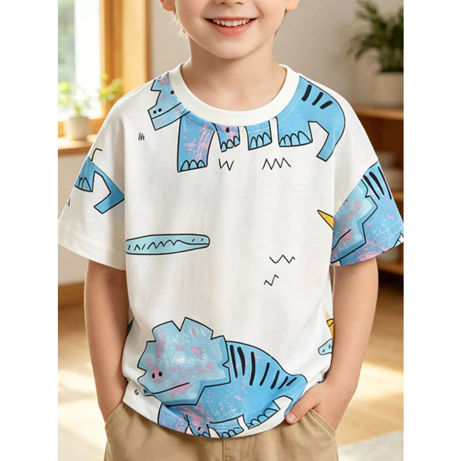 Children’s Dinosaur Print Round Neck T-Shirt White / 3T Apparel and Accessories