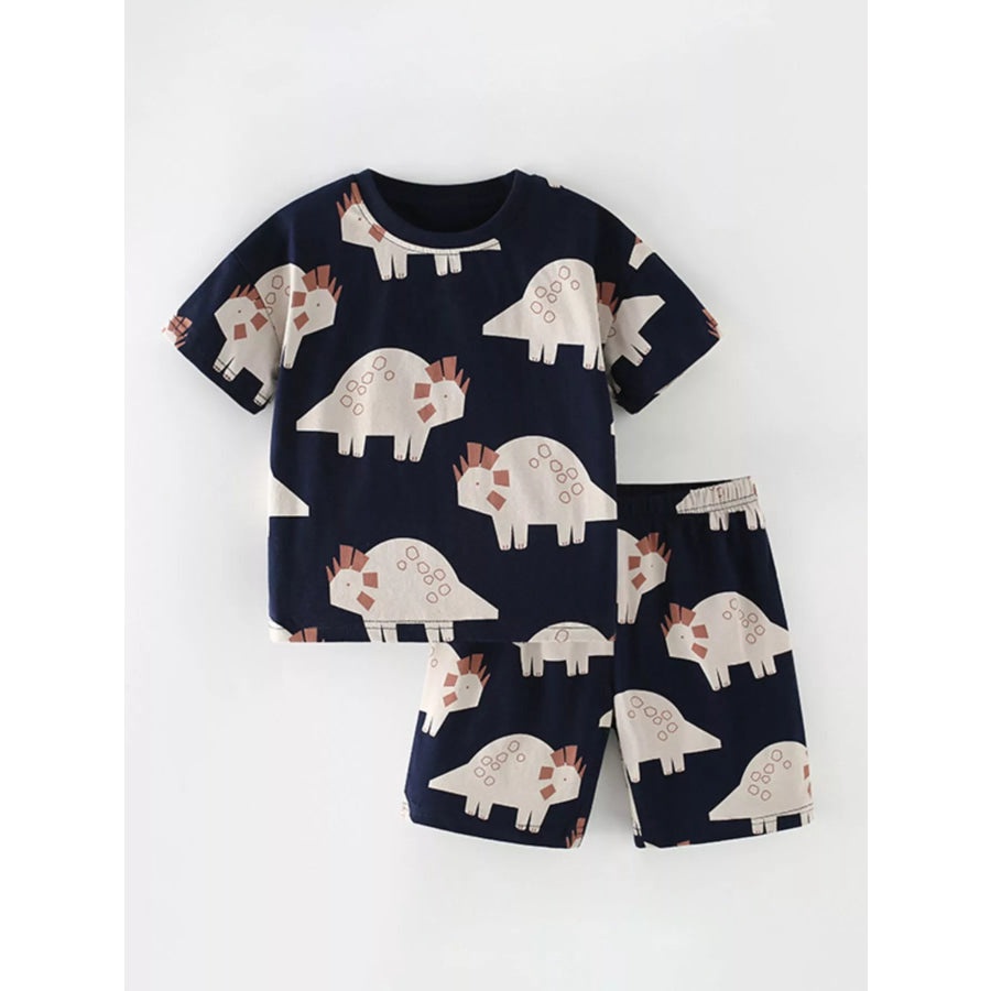 Children’s Dinosaur Print Round Neck Tee and Shorts Set Dark Navy / 5Y Apparel and Accessories