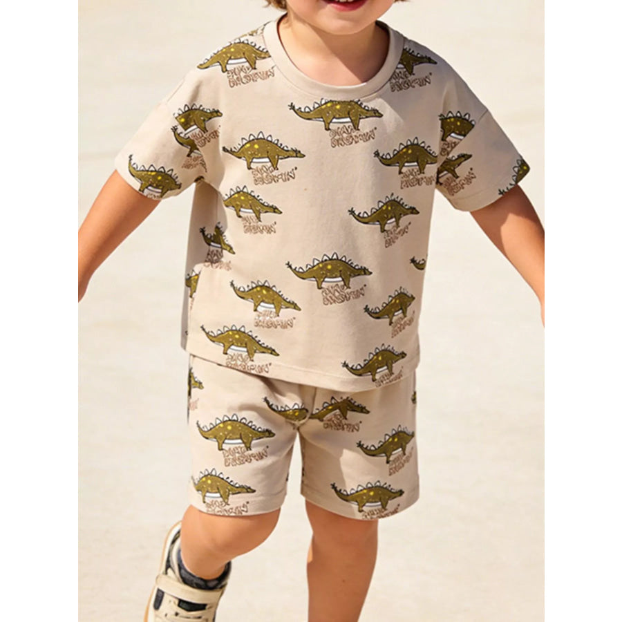 Children’s Dinosaur Print Round Neck Tee and Shorts Set Tan / 3T Apparel and Accessories