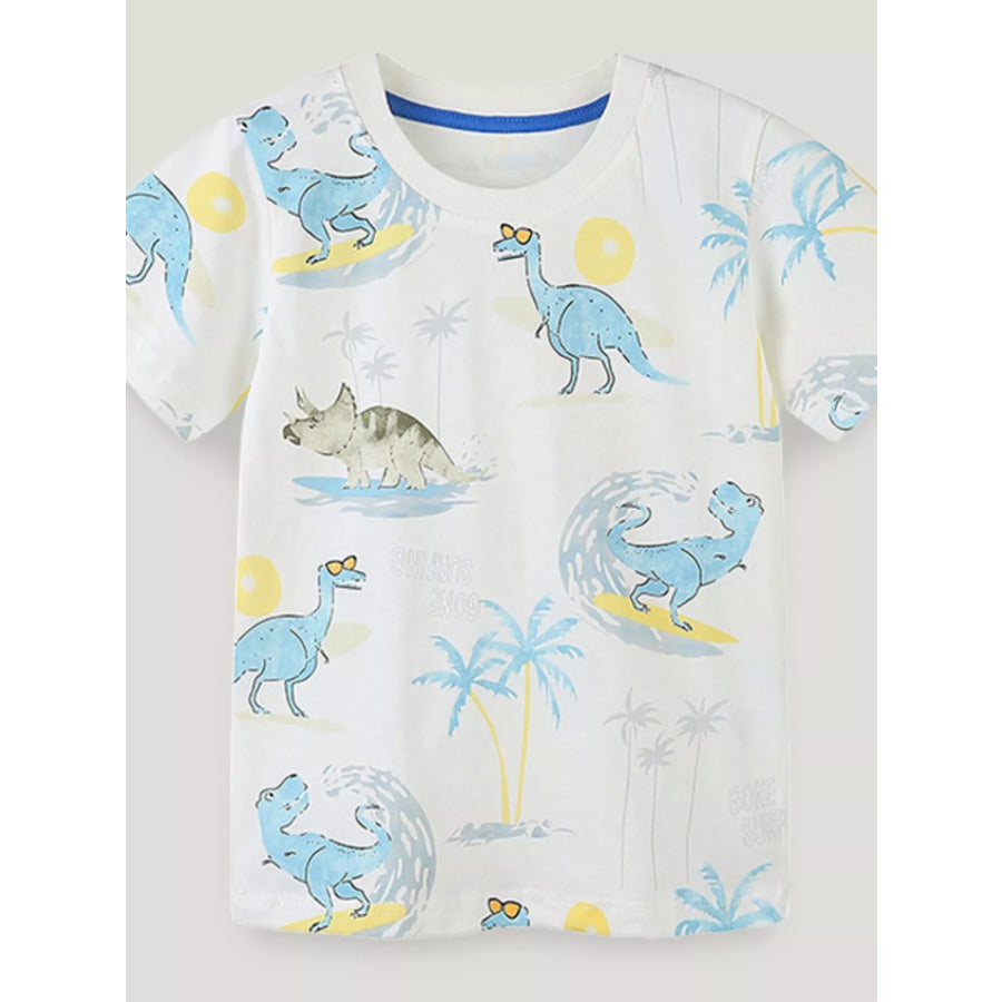Children’s Dinosaur Print Round Neck Tee White / 2Y Apparel and Accessories