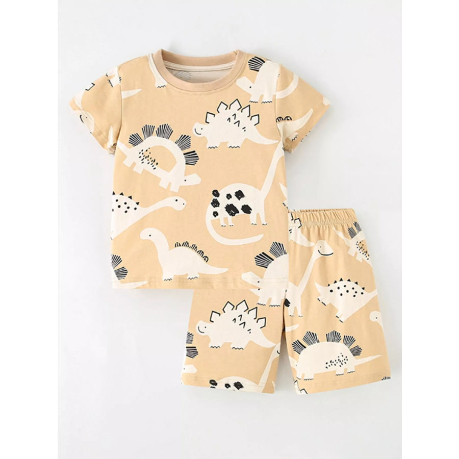 Children’s Dinosaur Print Round Neck Top and Shorts Set Tan / 2Y Apparel and Accessories